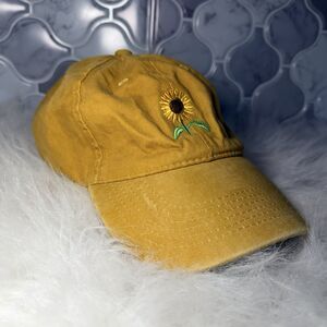 100% Cotton Sunflower Embroidered Strap Back Adjustable Yellow Baseball Cap